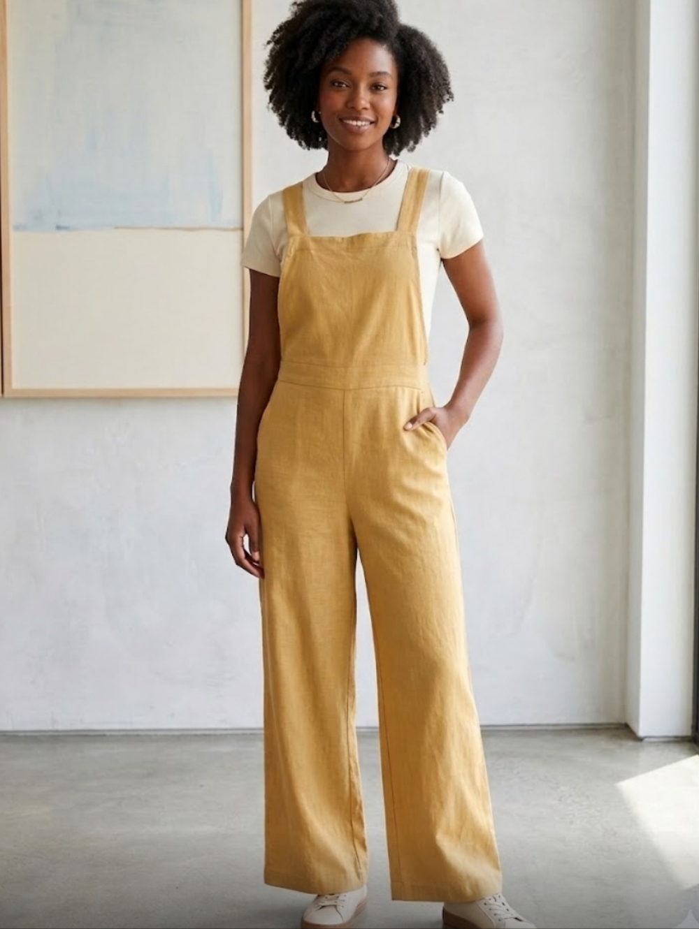 NWT Katie Sturino Stitch Fix Mustard Yellow Wide-Leg Linen Blend Overalls Medium